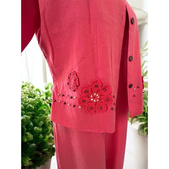 Vintage K-Studio 2 Piece Maxi Dress & Jacket Set Linen Embroidered Coral Pink Lg - Picture 8 of 16